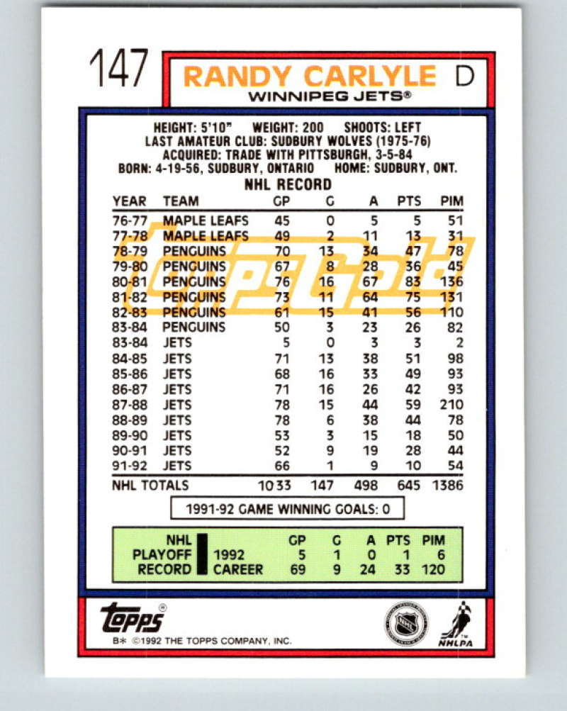 1992-93 Topps Gold #147G Randy Carlyle Mint Winnipeg Jets