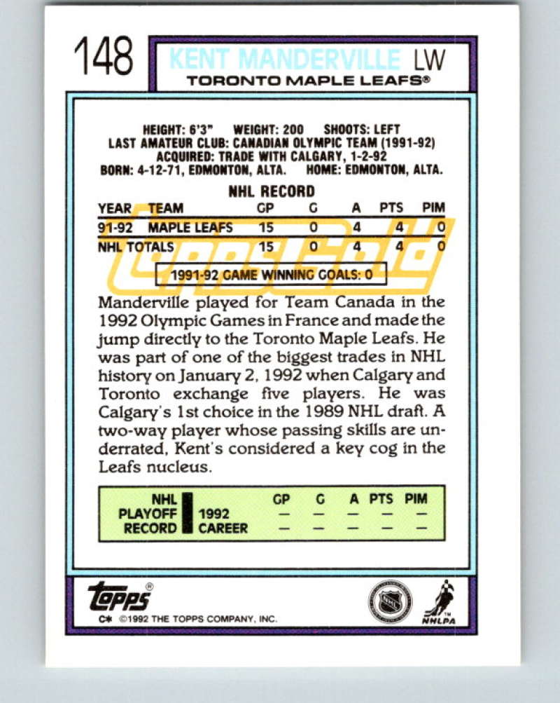 1992-93 Topps Gold #148G Kent Manderville Mint Toronto Maple Leafs Image 2