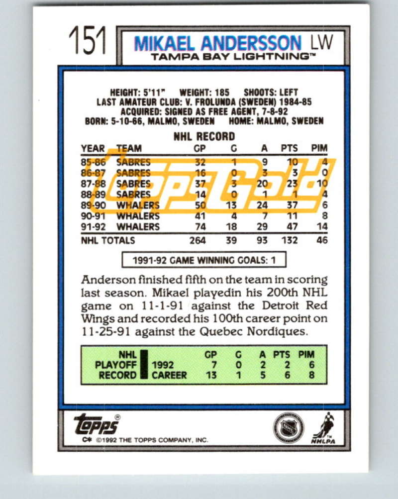 1992-93 Topps Gold #151G Mikael Andersson Mint Hartford Whalers Image 2