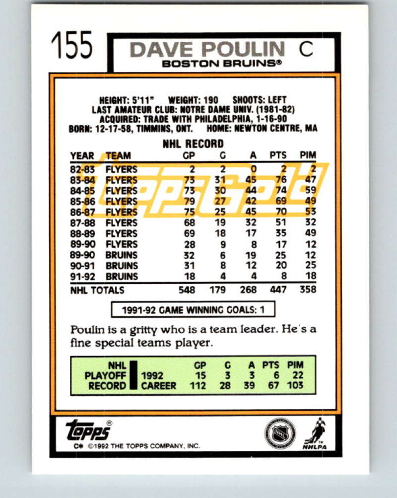 1992-93 Topps Gold #155G Dave Poulin Mint Boston Bruins Image 2
