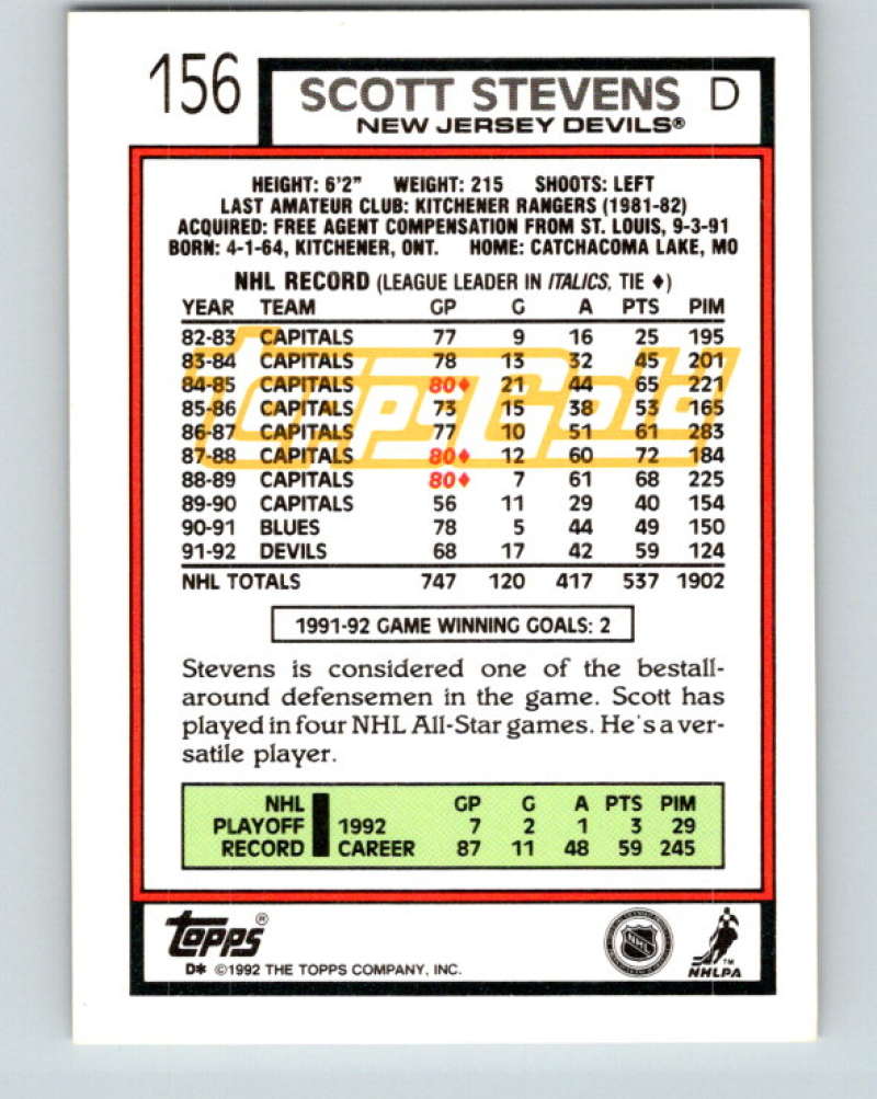 1992-93 Topps Gold #156G Scott Stevens Mint New Jersey Devils