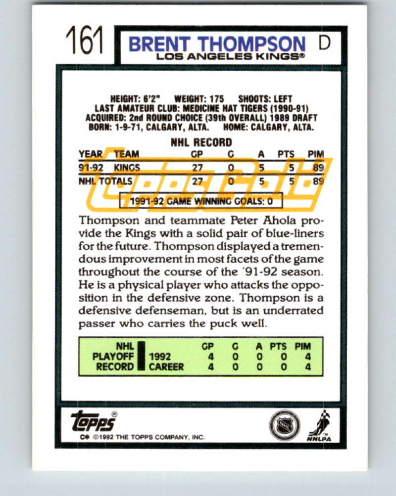 1992-93 Topps Gold #161G Brent Thompson Mint Los Angeles Kings Image 2