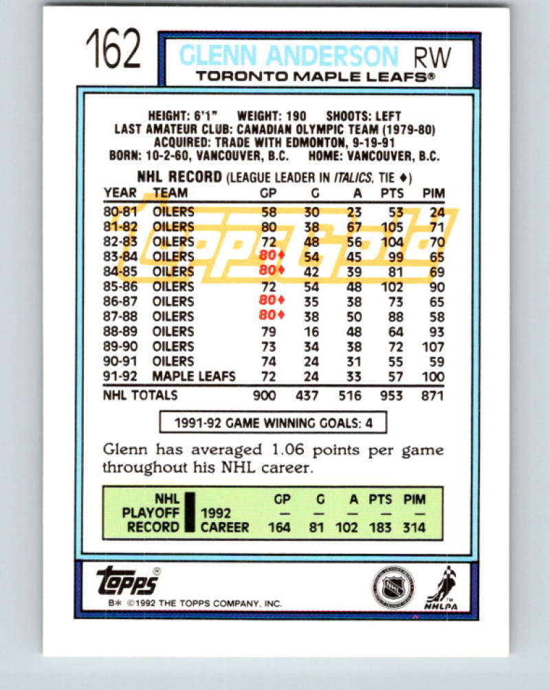 1992-93 Topps Gold #162G Glenn Anderson Mint Toronto Maple Leafs