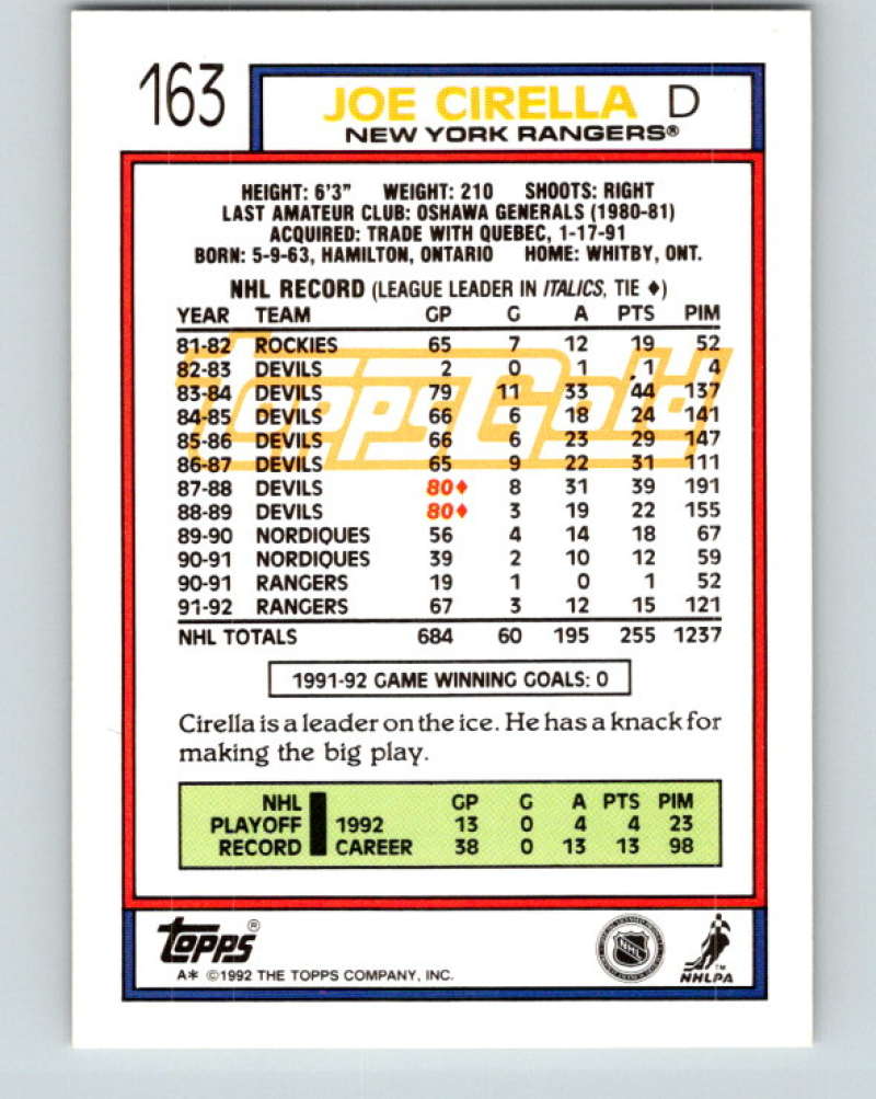 1992-93 Topps Gold #163G Joe Cirella Mint New York Rangers
