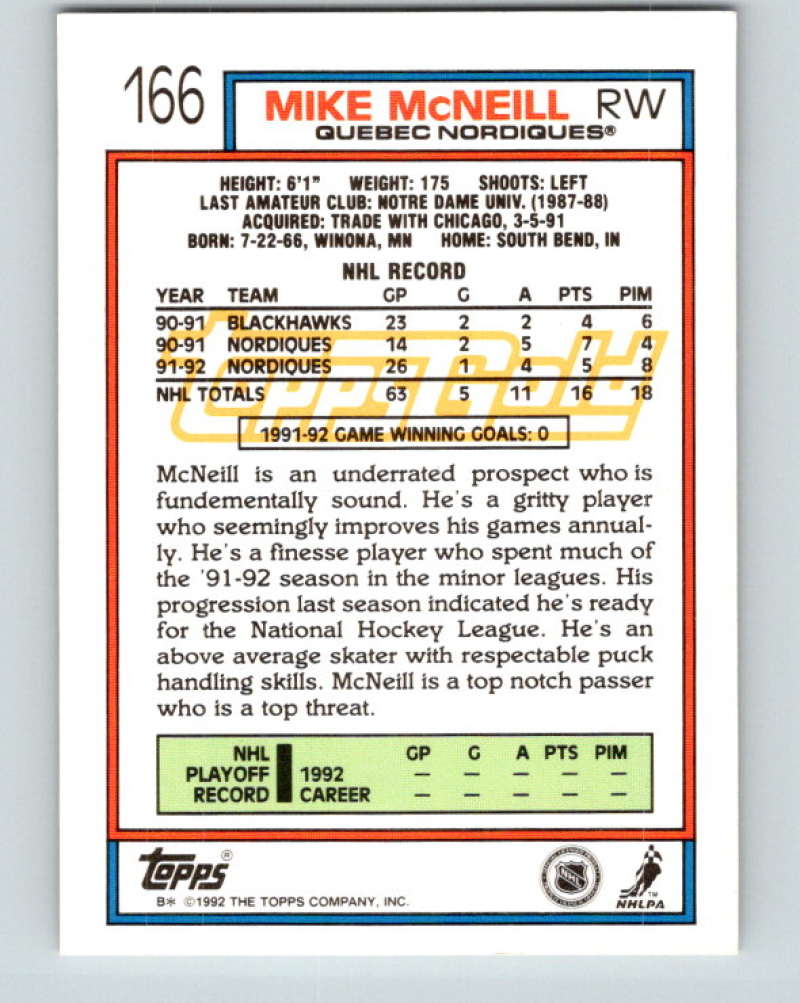 1992-93 Topps Gold #166G Mike McNeill Mint Quebec Nordiques Image 2