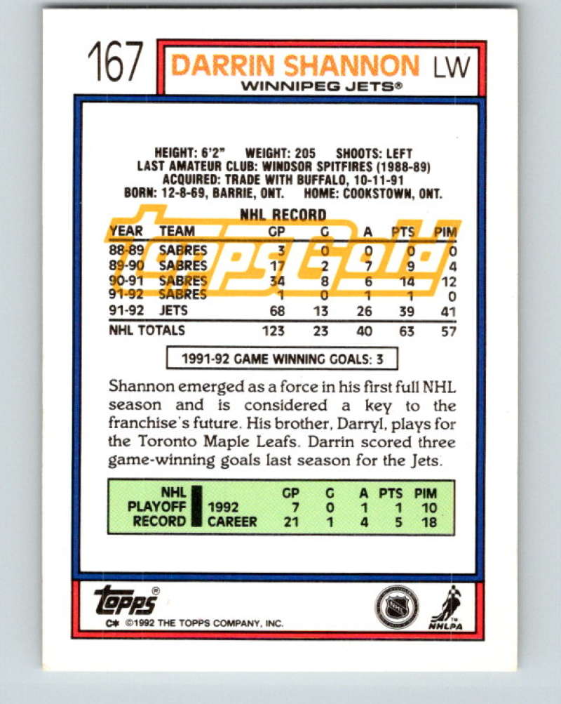 1992-93 Topps Gold #167G Darrin Shannon Mint Winnipeg Jets