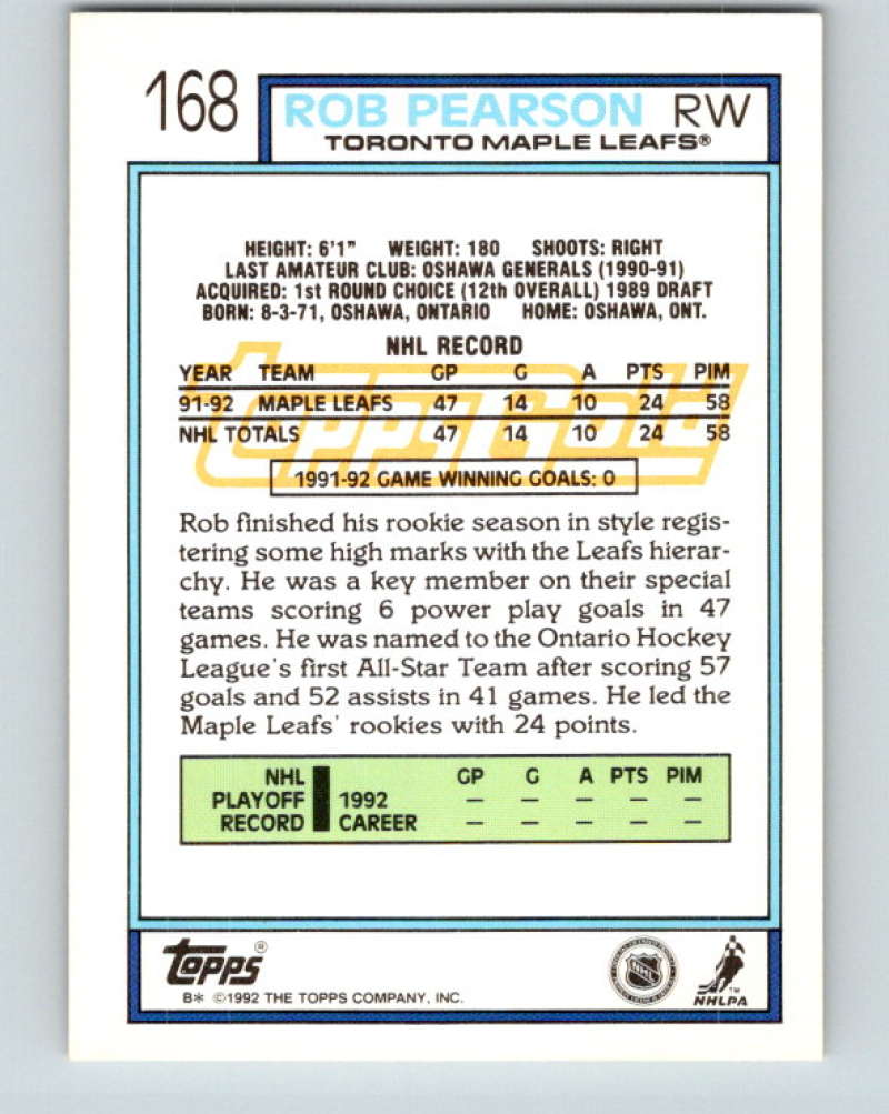 1992-93 Topps Gold #168G Rob Pearson Mint Toronto Maple Leafs