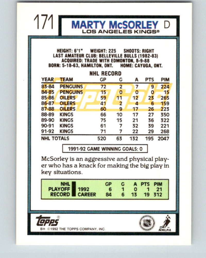 1992-93 Topps Gold #171G Marty McSorley Mint Los Angeles Kings