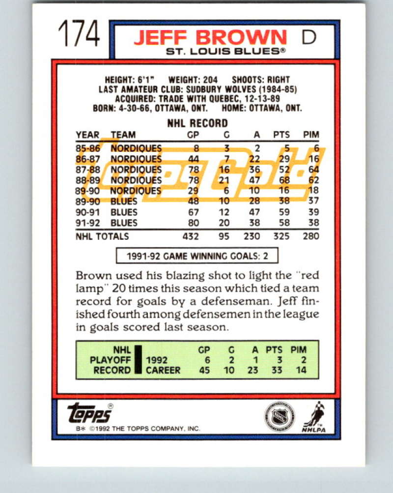 1992-93 Topps Gold #174G Jeff Brown Mint St. Louis Blues Image 2