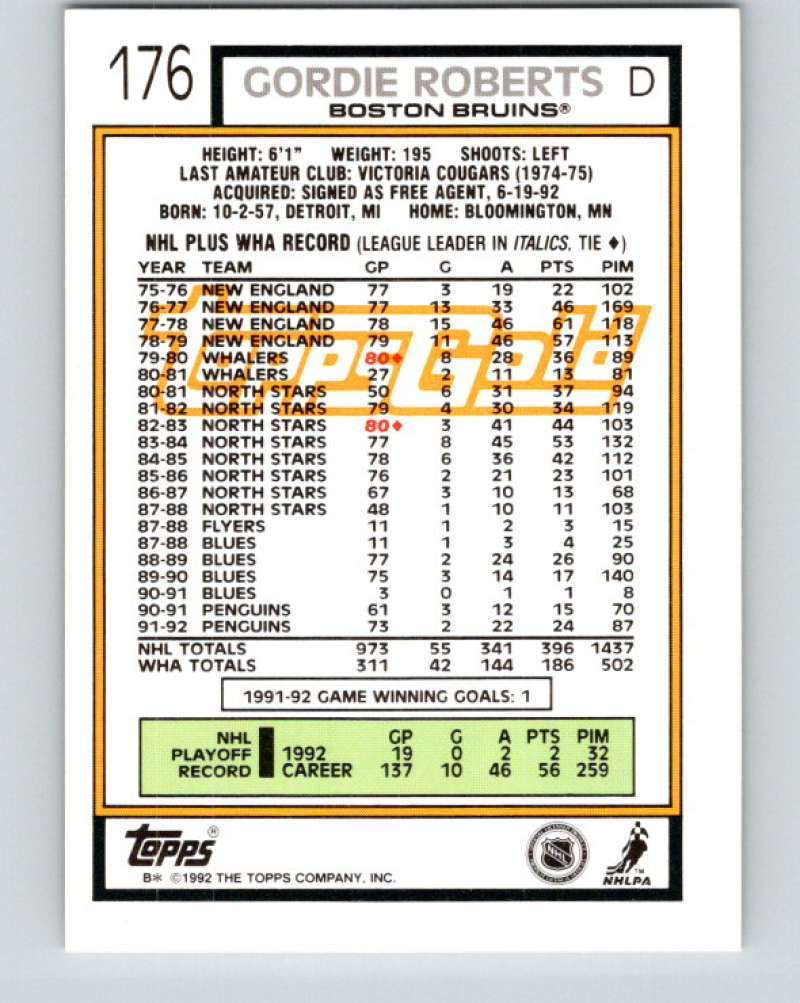 1992-93 Topps Gold #176G Gordie Roberts Mint Pittsburgh Penguins Image 2