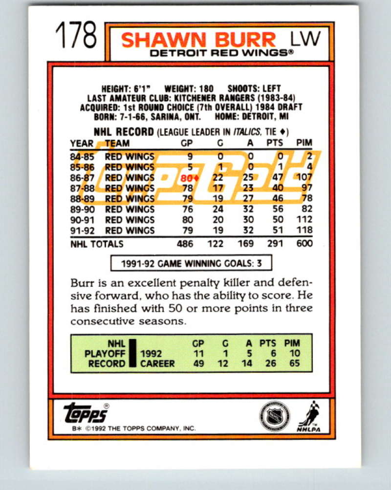1992-93 Topps Gold #178G Shawn Burr Mint Detroit Red Wings Image 2