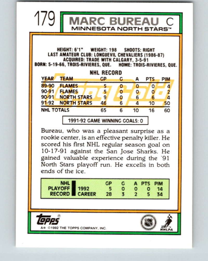 1992-93 Topps Gold #179G Marc Bureau Mint Minnesota North Stars Image 2