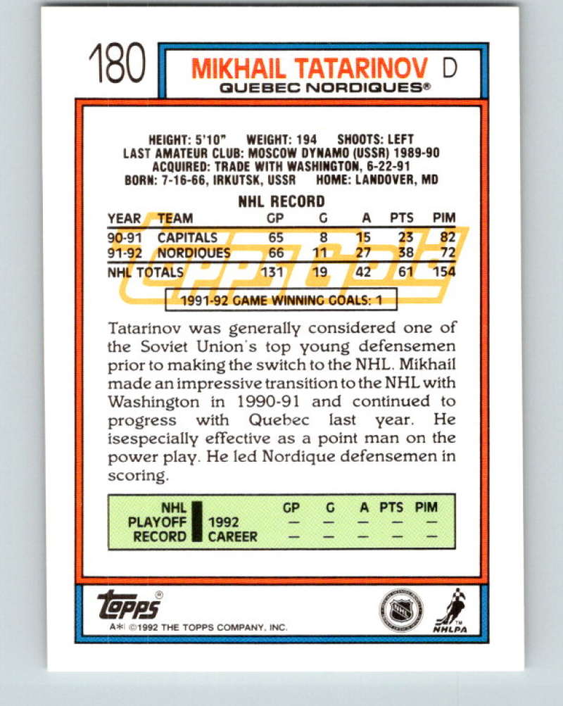 1992-93 Topps Gold #180G Mikhail Tatarinov Mint Quebec Nordiques