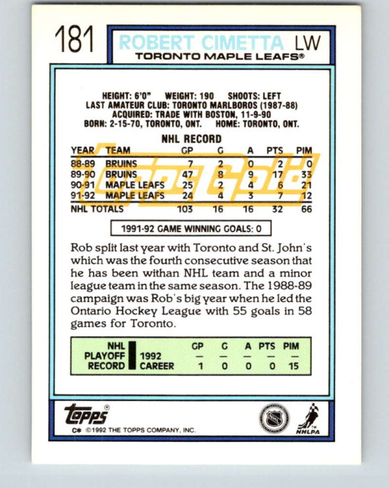 1992-93 Topps Gold #181G Robert Cimetta Mint Toronto Maple Leafs