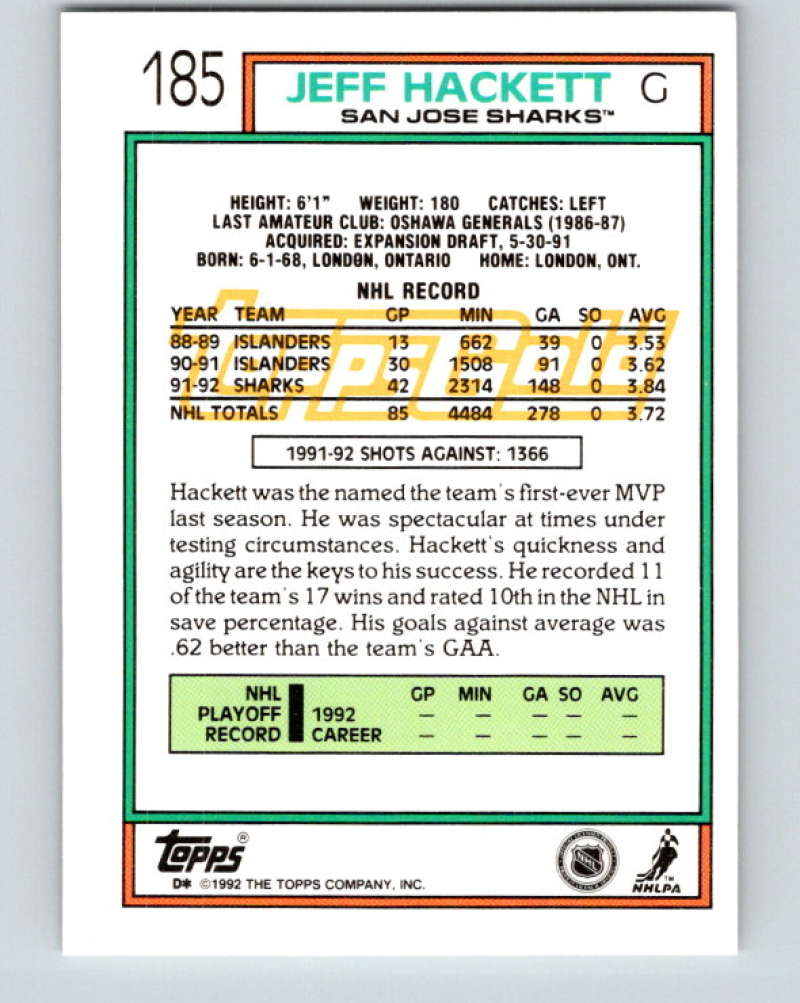 1992-93 Topps Gold #185G Jeff Hackett Mint San Jose Sharks Image 2