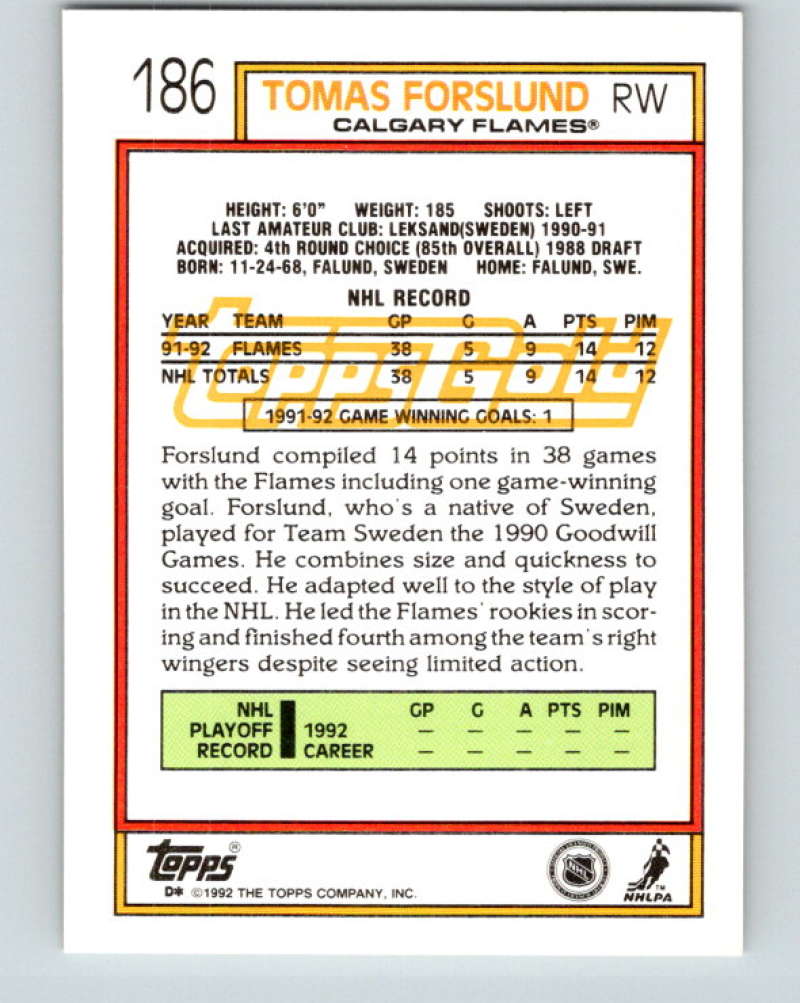 1992-93 Topps Gold #186G Tomas Forslund Mint Calgary Flames Image 2