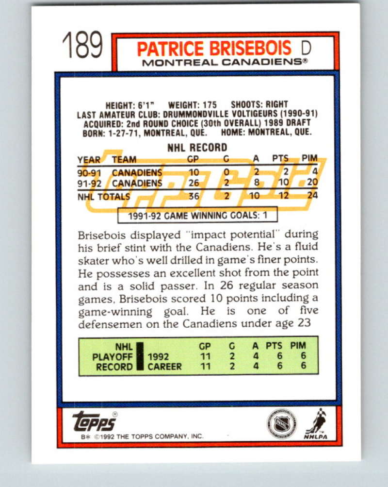 1992-93 Topps Gold #189G Patrice Brisebois Mint Montreal Canadiens