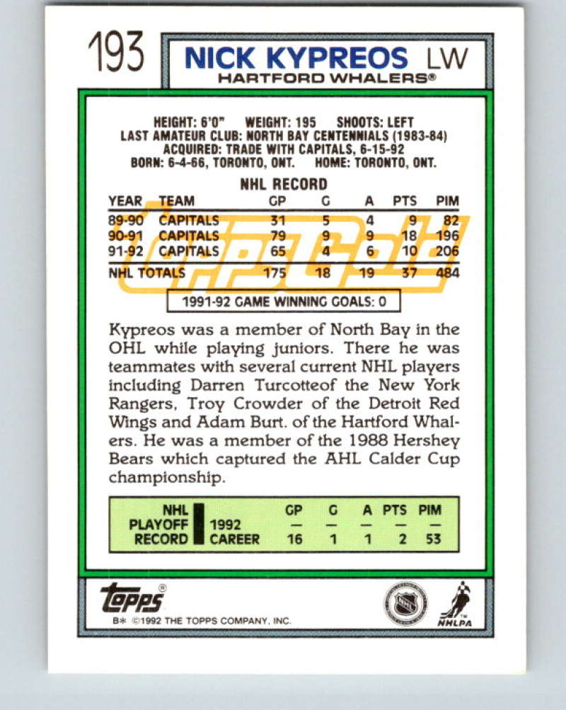 1992-93 Topps Gold #193G Nick Kypreos Mint Washington Capitals