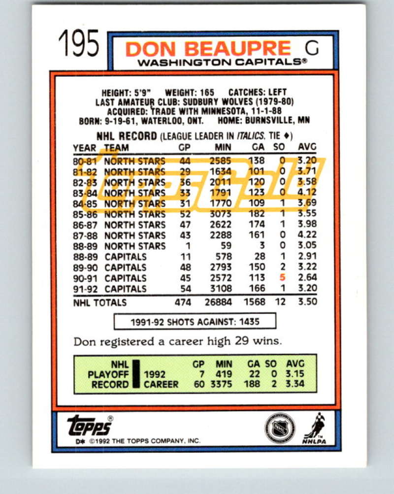 1992-93 Topps Gold #195G Don Beaupre Mint Washington Capitals