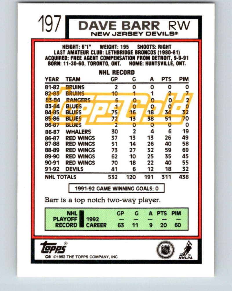 1992-93 Topps Gold #197G Dave Barr Mint New Jersey Devils Image 2