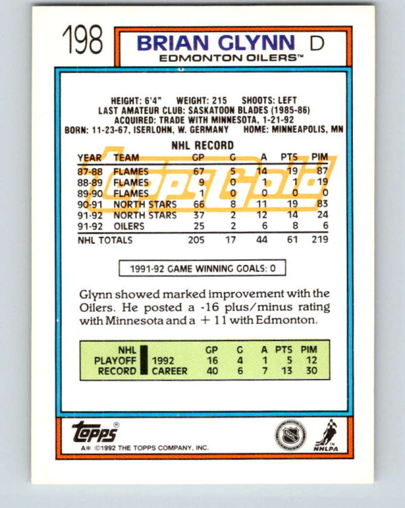 1992-93 Topps Gold #198G Brian Glynn Mint Edmonton Oilers Image 2