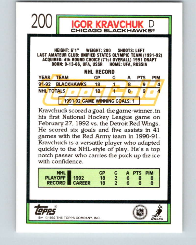 1992-93 Topps Gold #200G Igor Kravchuk Mint Chicago Blackhawks Image 2