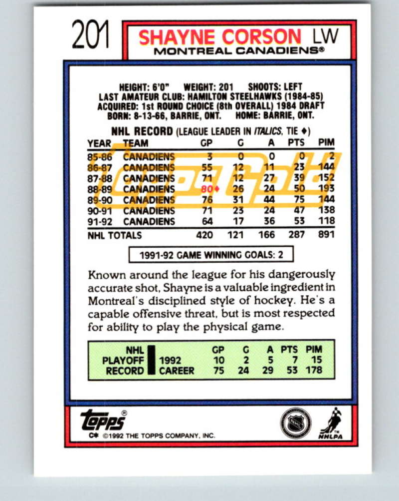 1992-93 Topps Gold #201G Shayne Corson Mint Montreal Canadiens Image 2