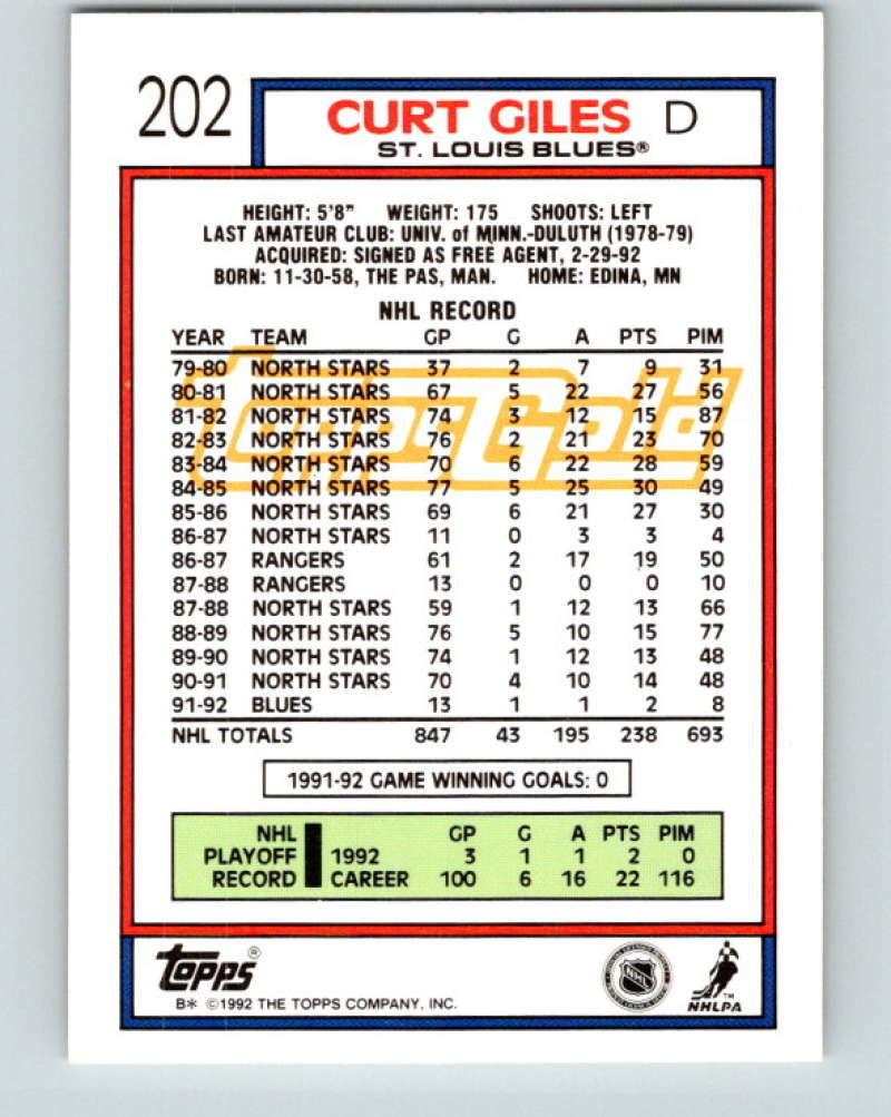 1992-93 Topps Gold #202G Curt Giles Mint St. Louis Blues