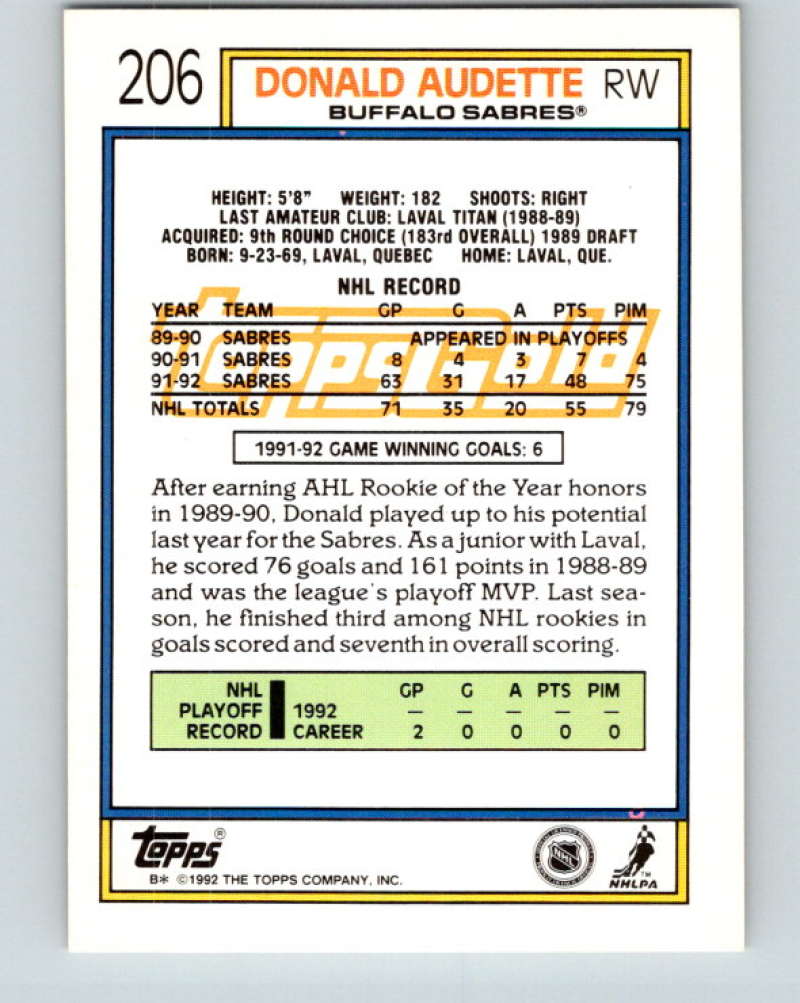 1992-93 Topps Gold #206G Donald Audette Mint Buffalo Sabres