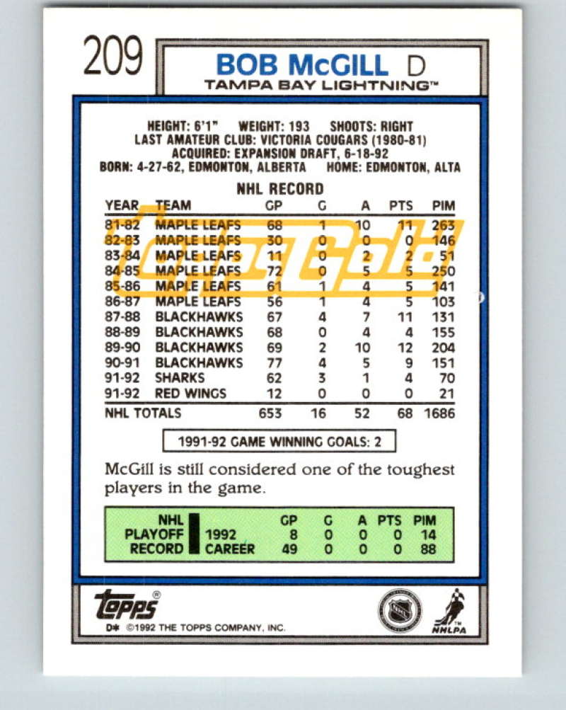 1992-93 Topps Gold #209G Bob McGill Mint Detroit Red Wings Image 2
