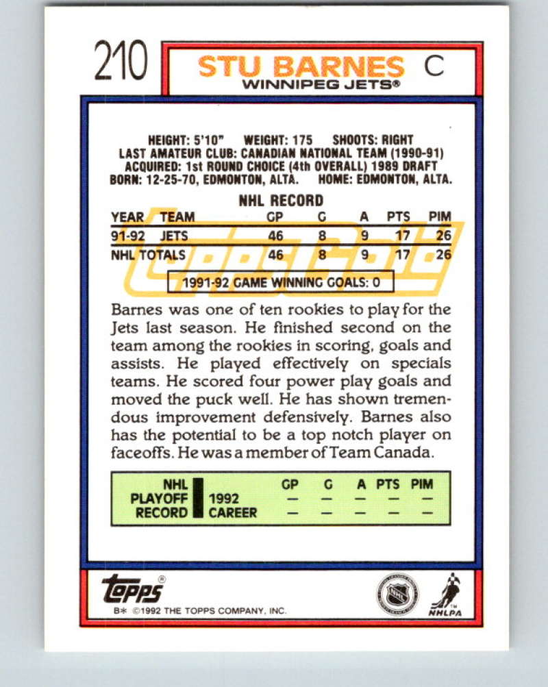 1992-93 Topps Gold #210G Stu Barnes Mint Winnipeg Jets Image 2