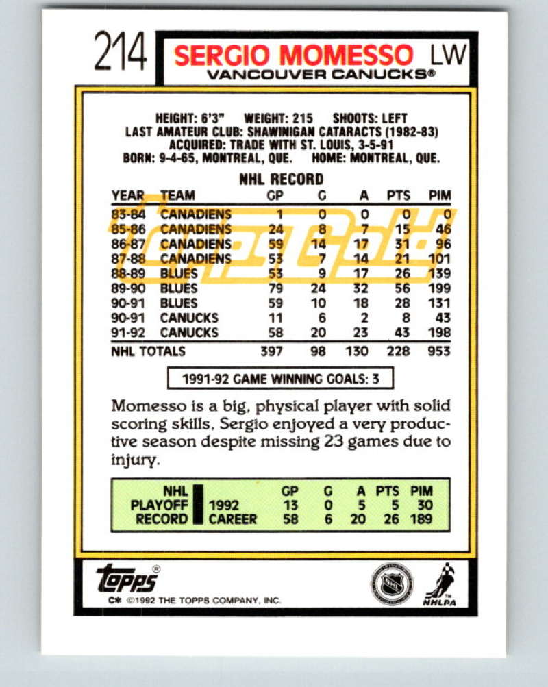 1992-93 Topps Gold #214G Sergio Momesso Mint Vancouver Canucks