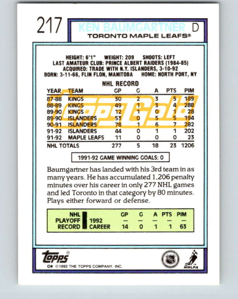 1992-93 Topps Gold #217G Ken Baumgartner Mint Toronto Maple Leafs