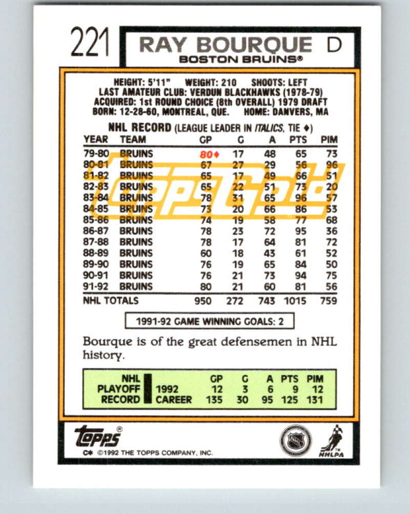 1992-93 Topps Gold #221G Ray Bourque Mint Boston Bruins