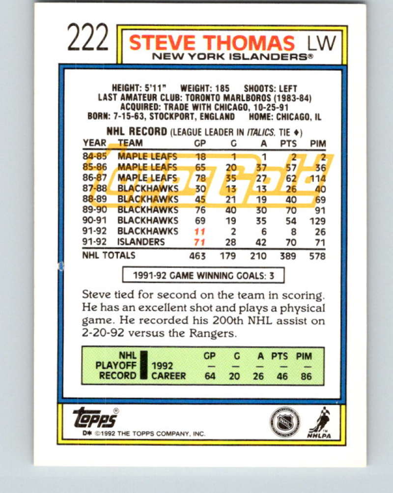 1992-93 Topps Gold #222G Steve Thomas Mint New York Islanders