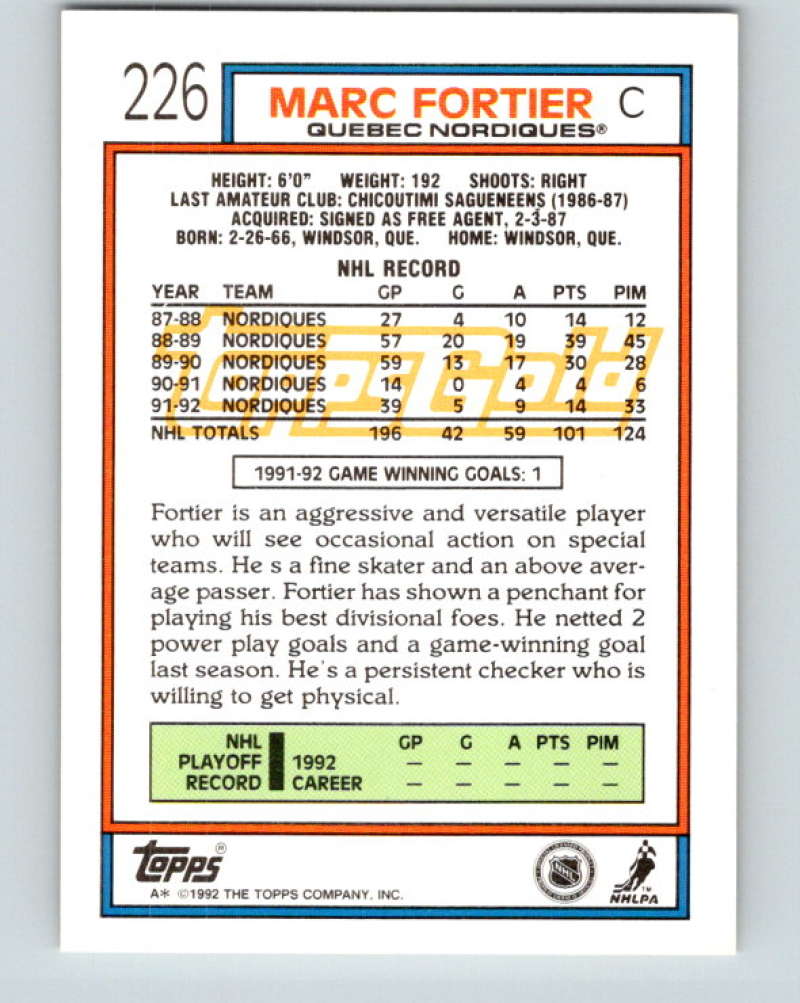 1992-93 Topps Gold #226G Marc Fortier Mint Quebec Nordiques