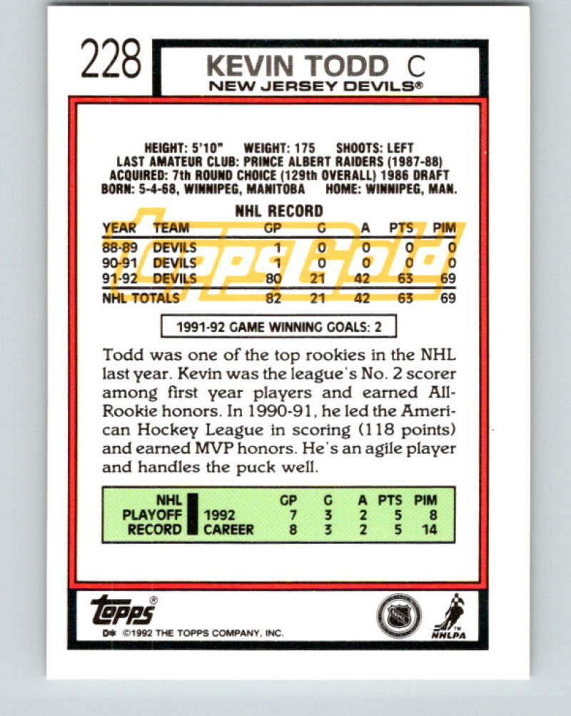 1992-93 Topps Gold #228G Kevin Todd Mint New Jersey Devils Image 2