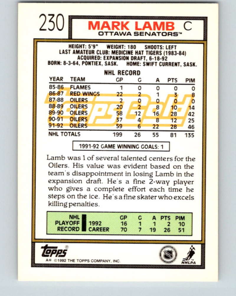 1992-93 Topps Gold #230G Mark Lamb Mint Ottawa Senators