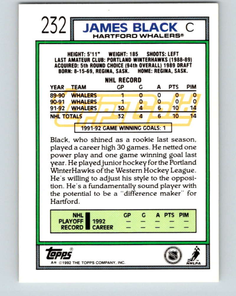 1992-93 Topps Gold #232G James Black Mint Hartford Whalers