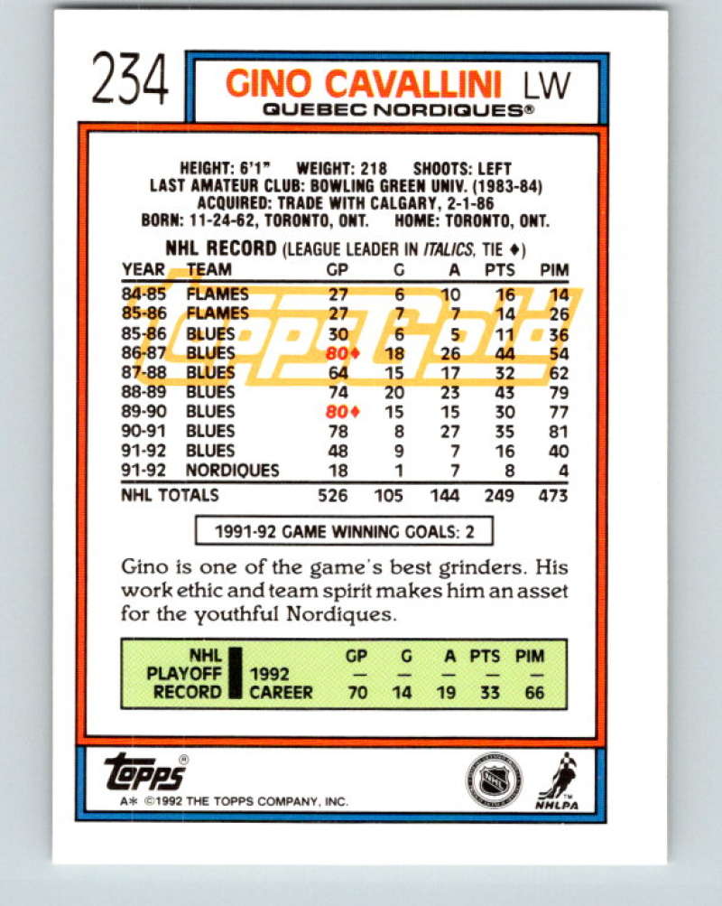1992-93 Topps Gold #234G Gino Cavallini Mint Quebec Nordiques