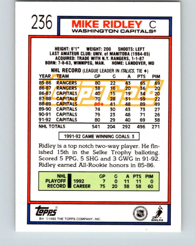 1992-93 Topps Gold #236G Mike Ridley Mint Washington Capitals Image 2