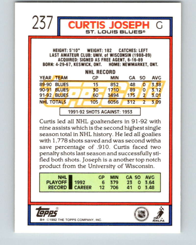 1992-93 Topps Gold #237G Curtis Joseph Mint St. Louis Blues