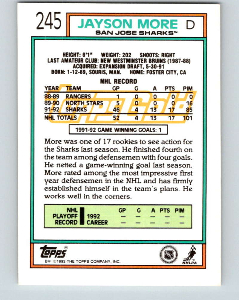 1992-93 Topps Gold #245G Jay More Mint San Jose Sharks