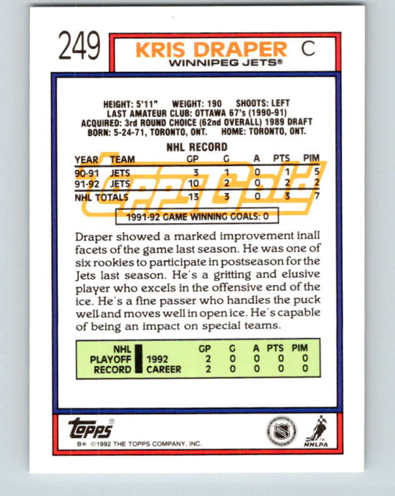 1992-93 Topps Gold #249G Kris Draper Mint Winnipeg Jets Image 2