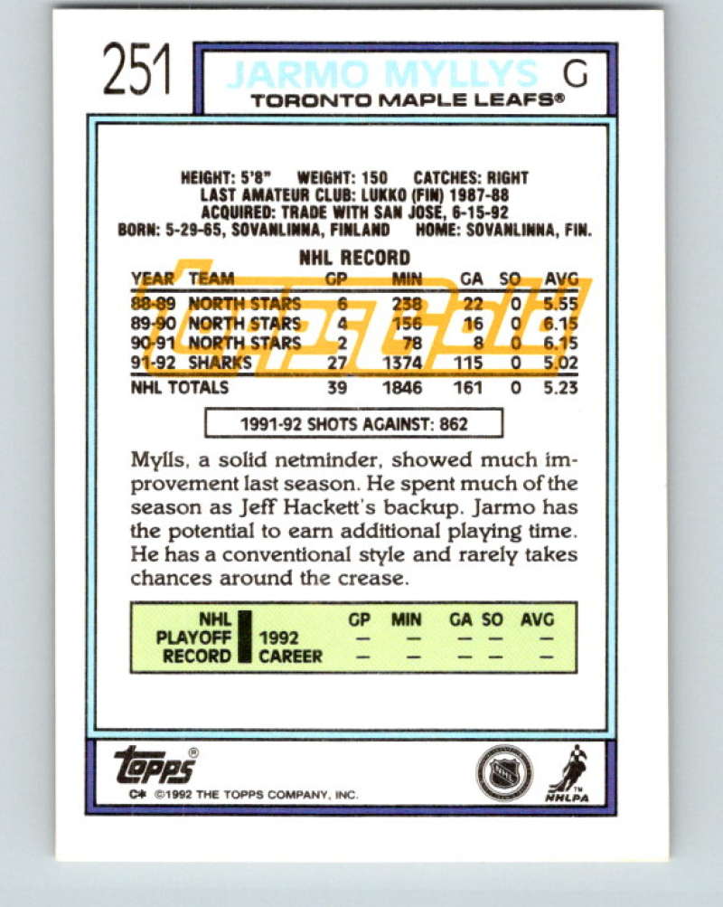 1992-93 Topps Gold #251G Jarmo Myllys Mint San Jose Sharks