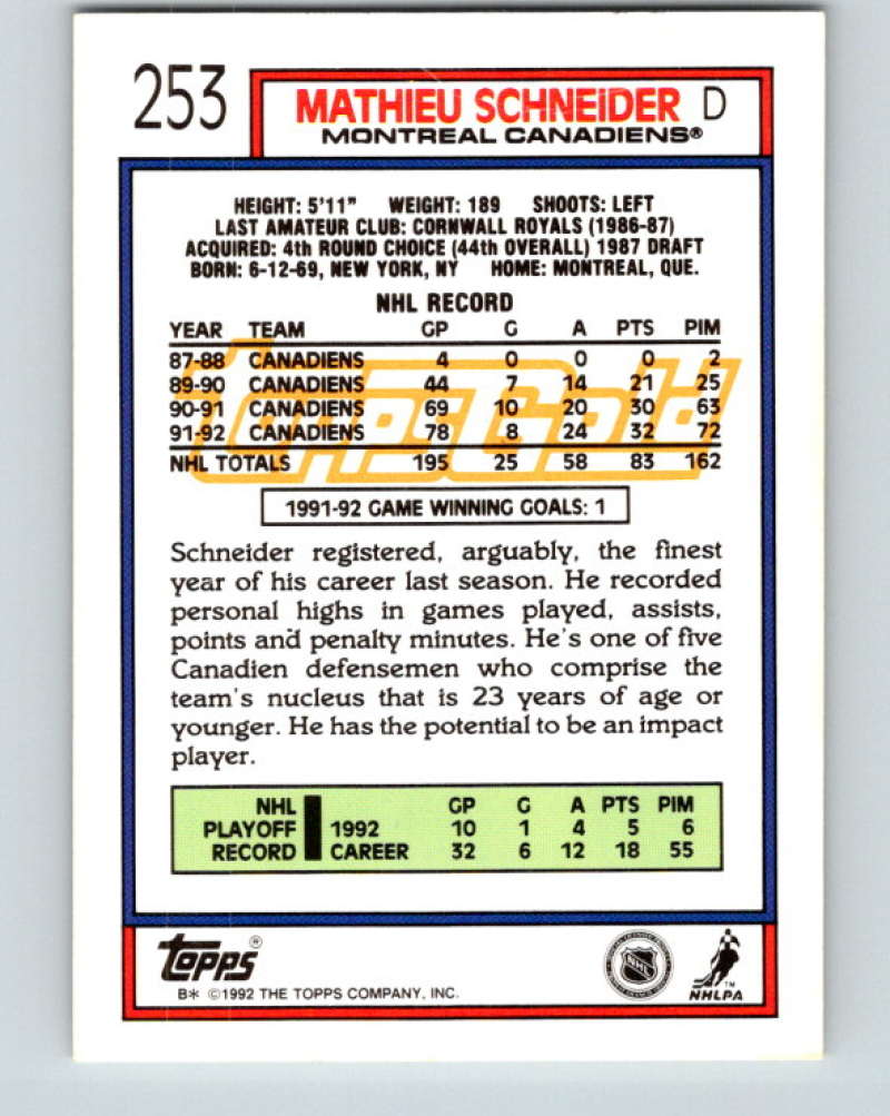 1992-93 Topps Gold #253G Mathieu Schneider Mint Montreal Canadiens