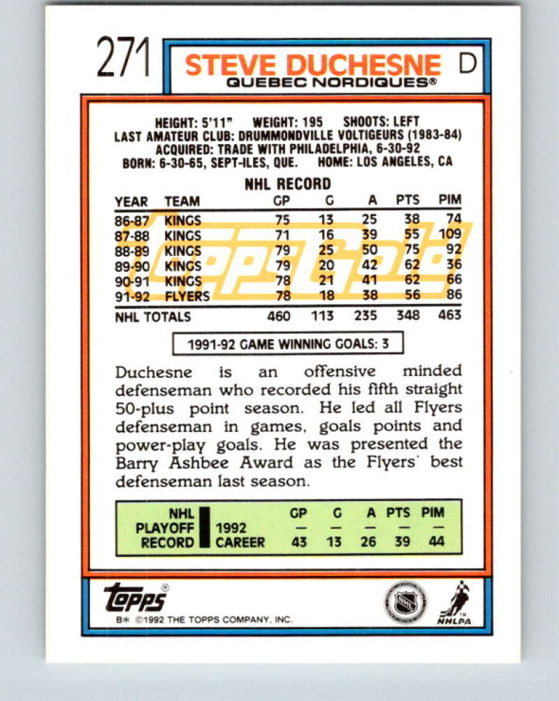 1992-93 Topps Gold #271G Steve Duchesne Mint Quebec Nordiques Image 2