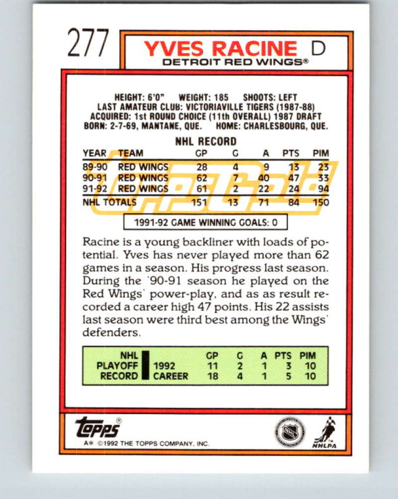 1992-93 Topps Gold #277G Yves Racine Mint Detroit Red Wings Image 2