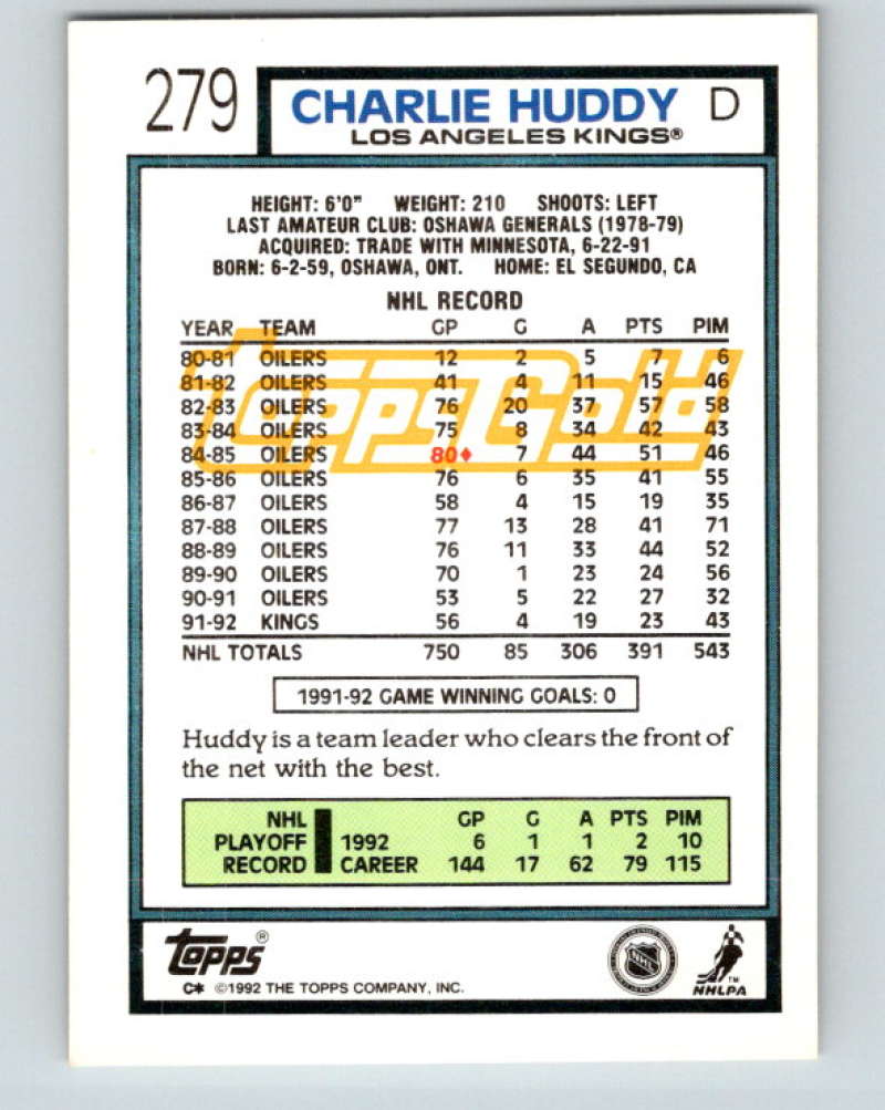 1992-93 Topps Gold #279G Charlie Huddy Mint Los Angeles Kings