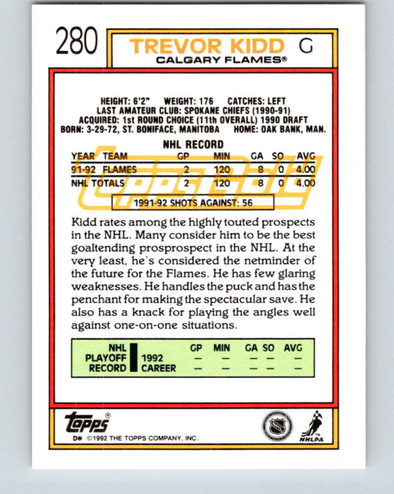 1992-93 Topps Gold #280G Trevor Kidd Mint Calgary Flames Image 2